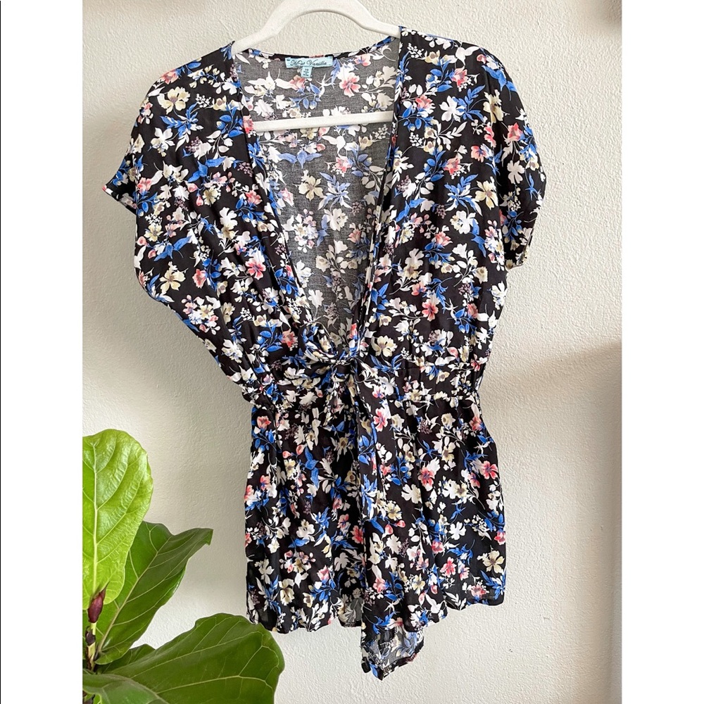 Floral Low Cut Romper with Bow and Cinch Detail